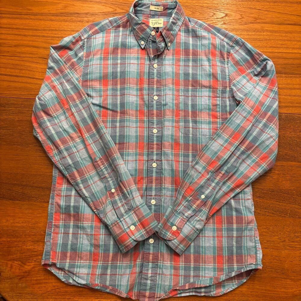 J.Crew Men's Blue Red Plaid Cotton Button Down Long Sleeve Slim Fit Shirt Medium